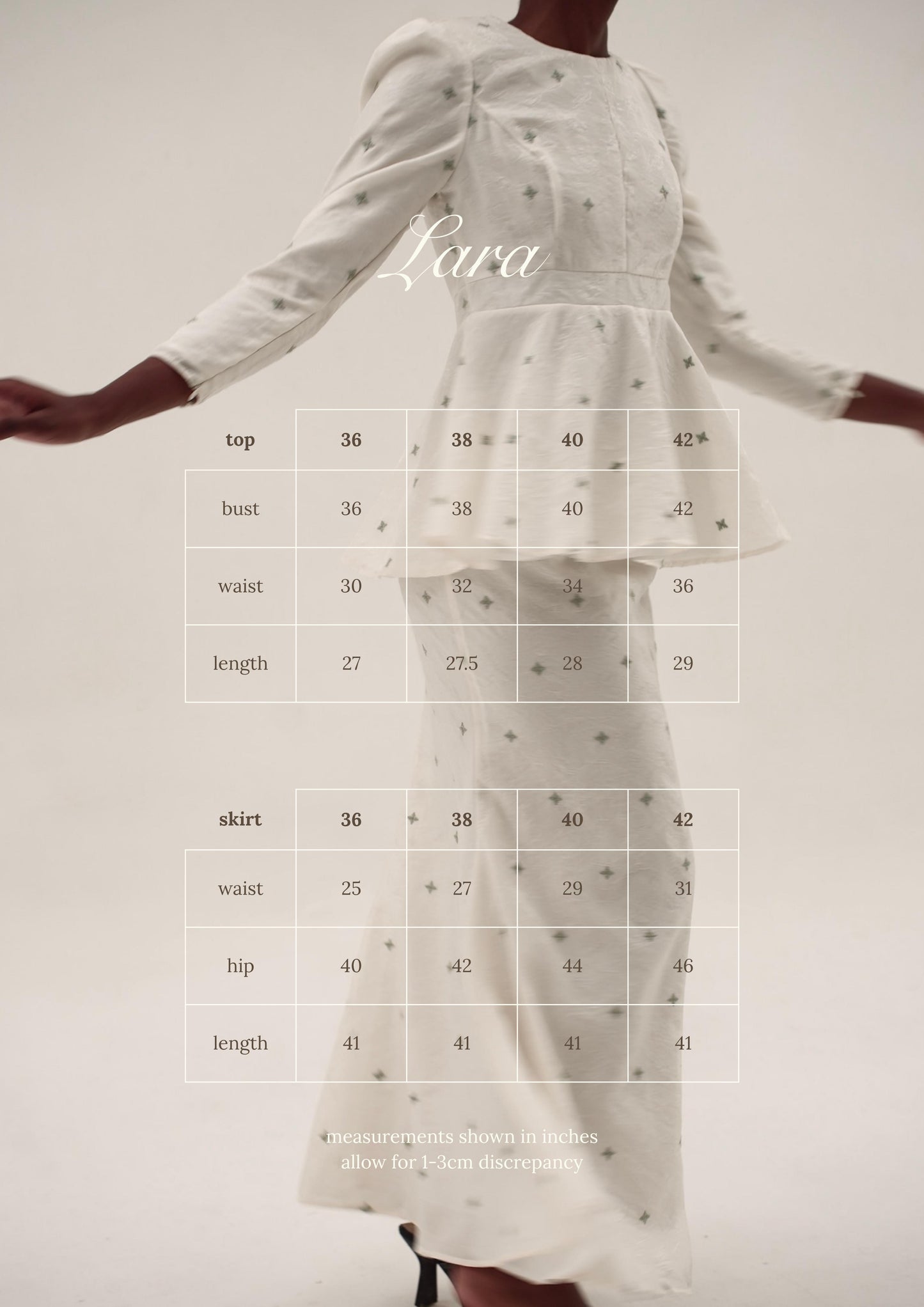 Kurung Lara size chart — women's kurung blouse and skirt sizing guide