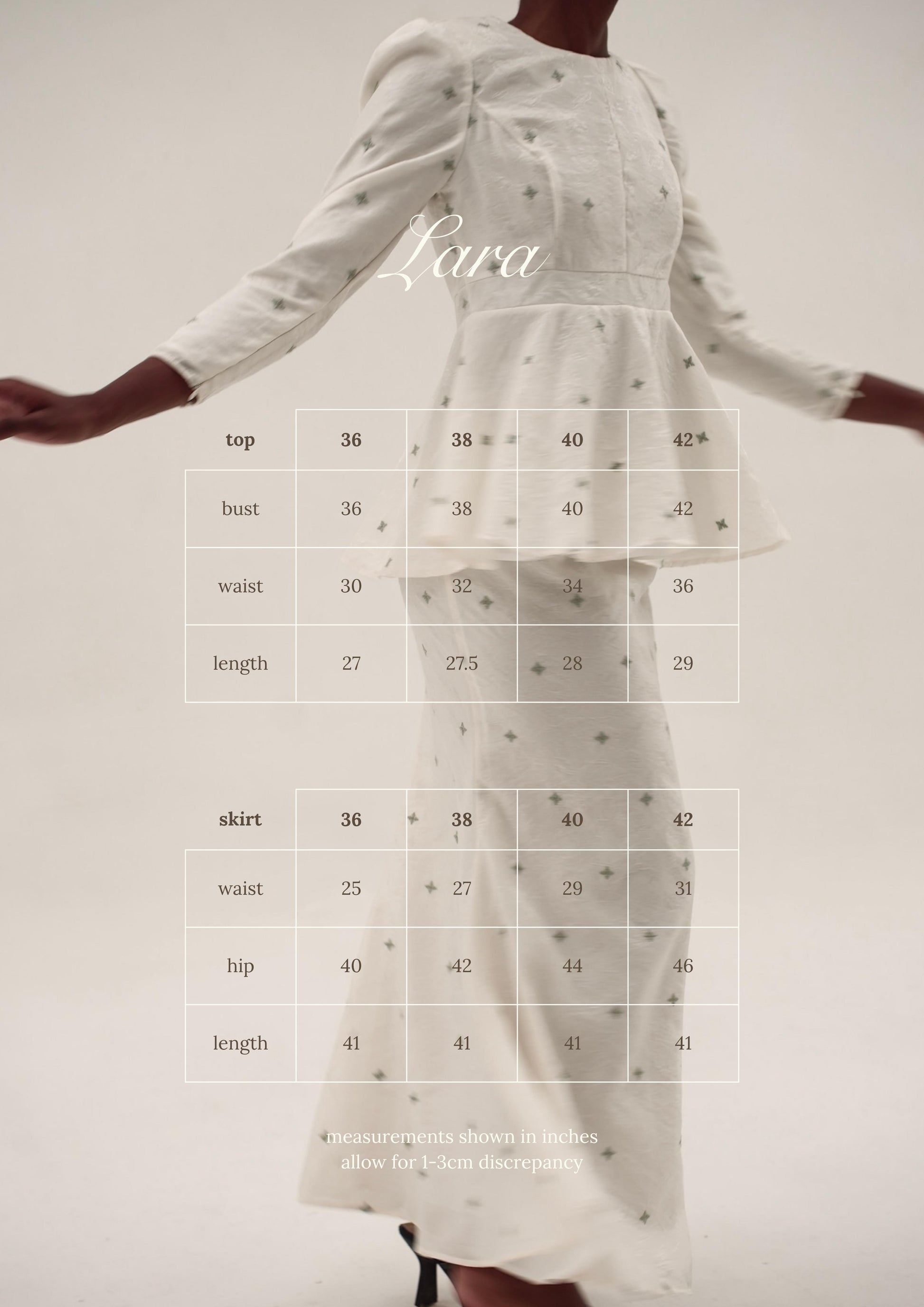 Kurung Lara size chart — women's kurung blouse and skirt sizing guide