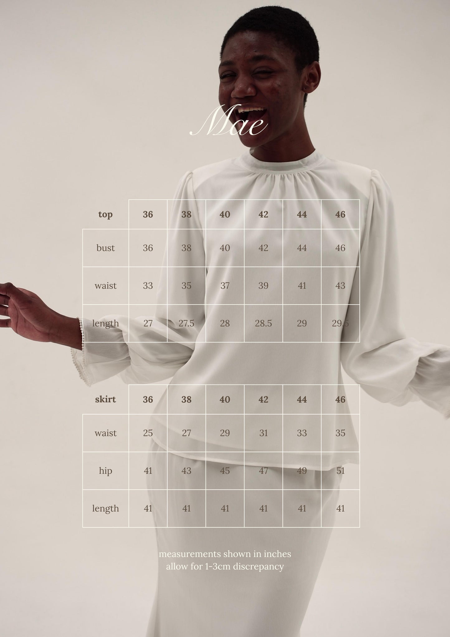 Kurung Mae size chart — women's kurung blouse and skirt sizing guide