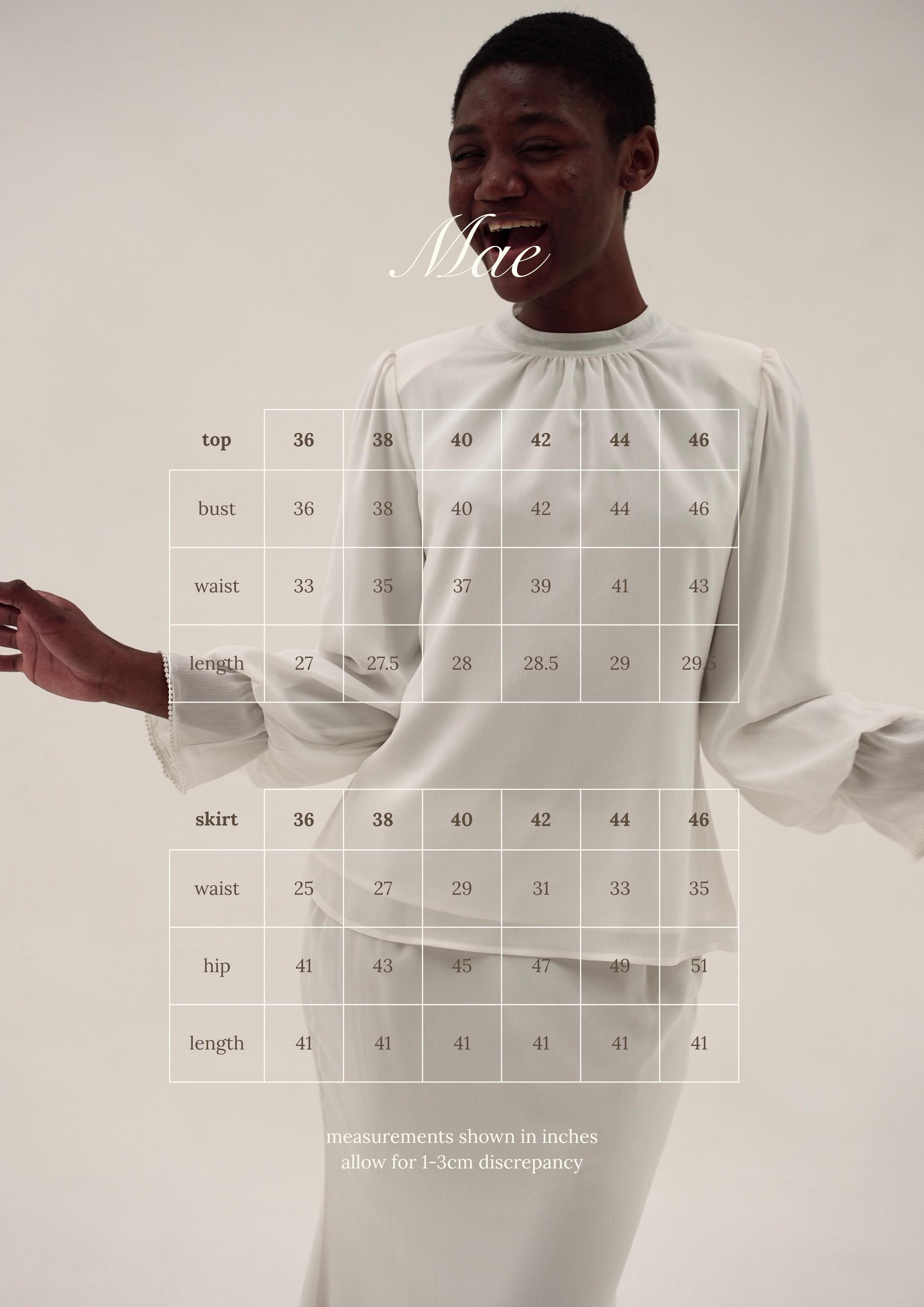 Kurung Mae size chart — women's kurung blouse and skirt sizing guide