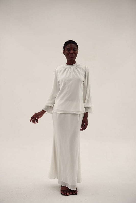 Lightweight chiffon kurung set Mae with relaxed silhouette and soft drape in porcelain