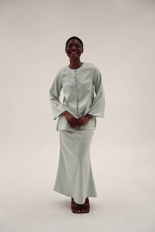 Modern kurung set Rumi with relaxed straight silhouette and soft drape in smooth jaquard fabric in sage