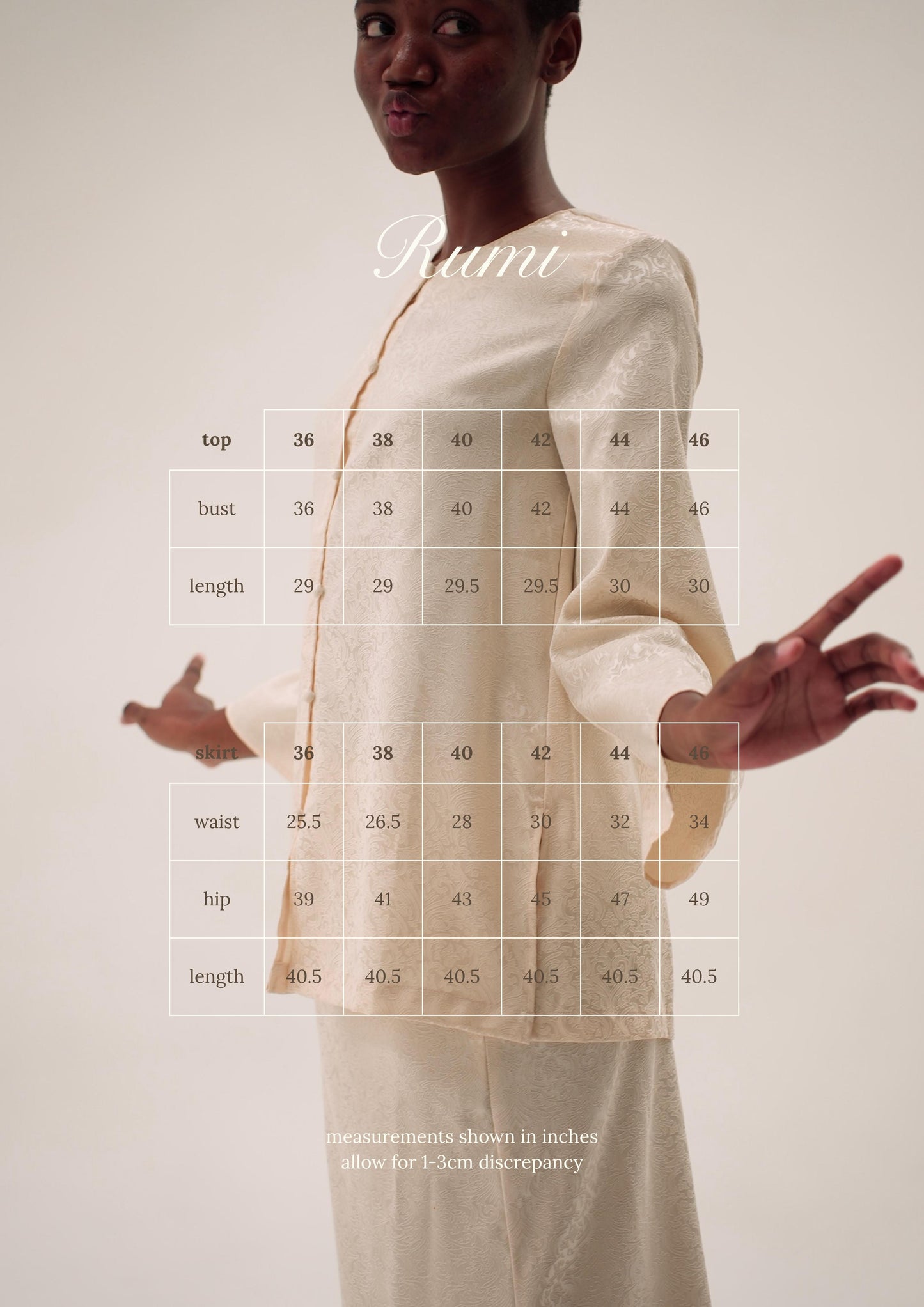 Kurung Rumi size chart — women's kurung blouse and skirt sizing guide